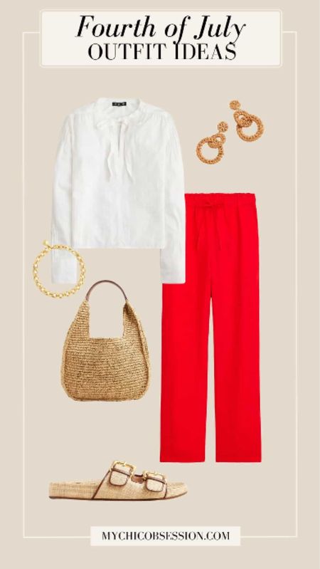 Classic red and white tops are the stuff of Fourth of July dreams! The pop of red in the comfy drawstring pants is a great talking point and a patriotic addition to your ensemble. On top, blousy tops are the perfect pairing. Keep your accessories neutral, with raffia and leather-trimmed slide sandals. They’ll complement your woven tote and raffia earrings, as well as your gold and pearl bracelet.

#LTKStyleTip #LTKSeasonal