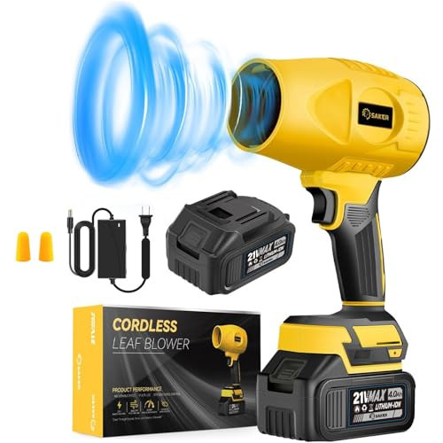 Saker Handheld Cordless Leaf Blower Portable Dust Cleaner 180000 RPM Compressed Air Duster with Adjustable Speed for Drying Patio Cleaning Camping 2 x 4.0Ah Battery Yellow | Amazon (US)