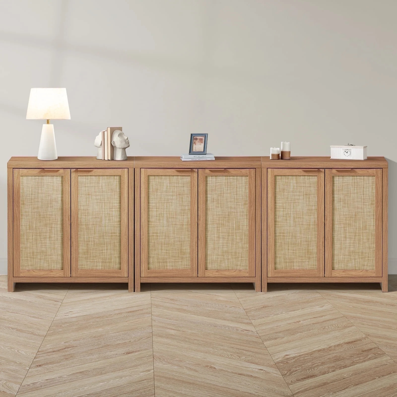 ARKANTOS Rattan Sideboard Buffet Cabinet with Adjustable Shelf, Set of 3, Natural Oak | Walmart (US)