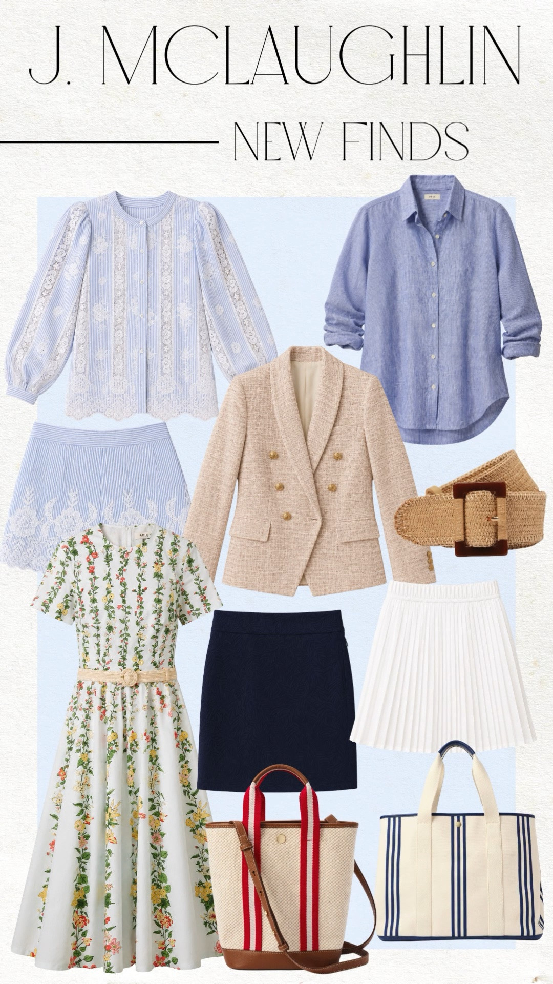 J. McLaughlin new arrivals that are giving effortless coastal chic energy ✨ From linen button downs and floral midi dresses to tweed blazers, pleated skirts, woven belts, and classic tote bags, these timeless spring staples are perfect for elevated everyday style, vacation outfits, country club looks, and polished casual wear. Loving the soft blue, navy, cream, and neutral tones for spring and summer styling 🤍

[LTK fashion, J McLaughlin, spring outfits, coastal chic style, old money style, classic fashion, preppy outfits, linen shirt outfit, floral midi dress, tweed blazer outfit, pleated skirt outfit, country club style, Hamptons style, chic spring outfits, neutral outfits, resort wear, elevated basics, feminine style, timeless fashion, classy outfit ideas]

#LTKMothersDay #LTKOver40