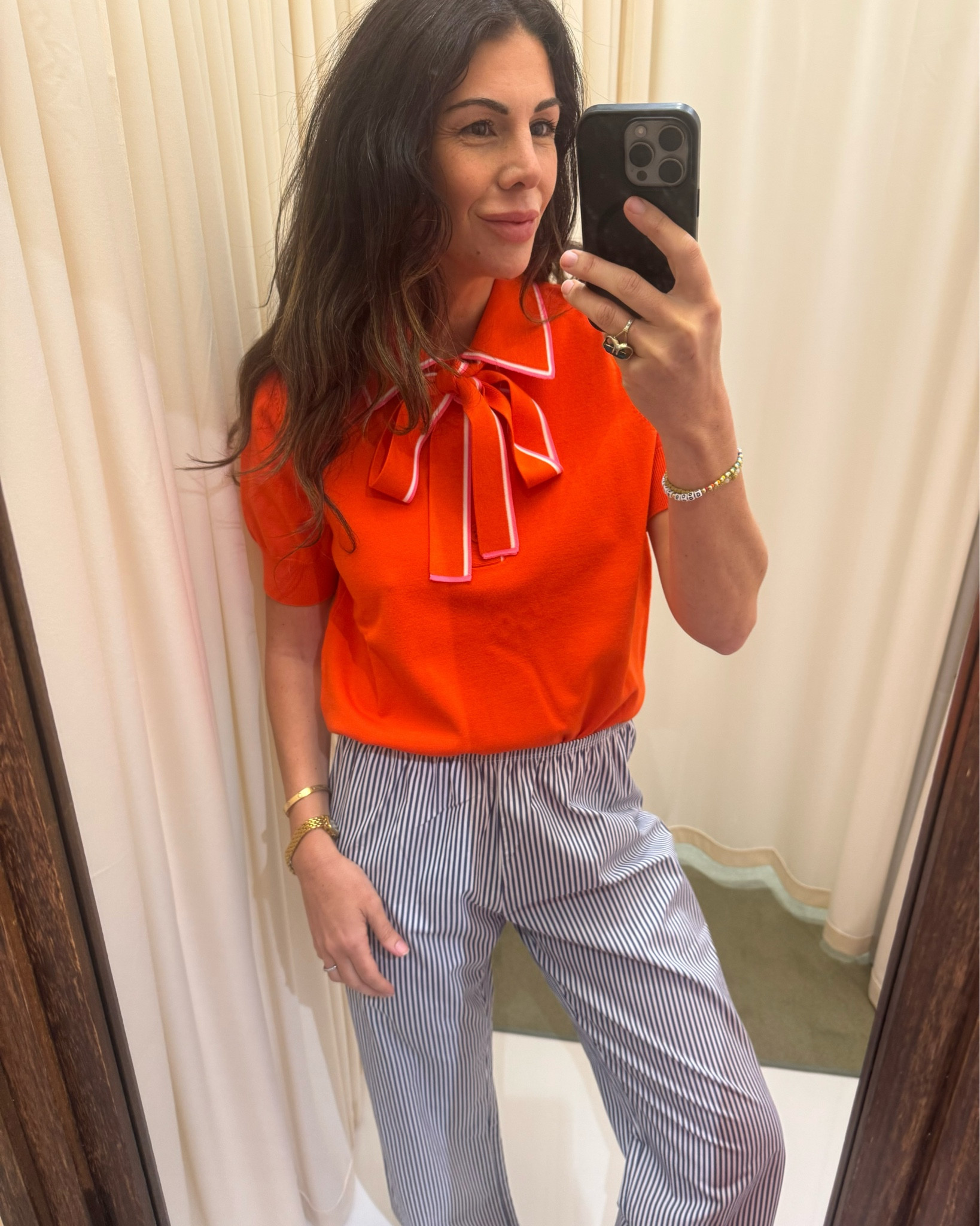 Spring Outfit Inspo. Popped back into shopbop today before they leave. love this short sleeve sweater with the adorable bowtie. It's removable so can be worn both ways. For size reference I'm wearing a Large bc it's all they had keft. Ordered the small. Also went back for these Donni striped pants. I know i'll live in them this soring and summer!#LTKSpringSale

#LTKmomlife