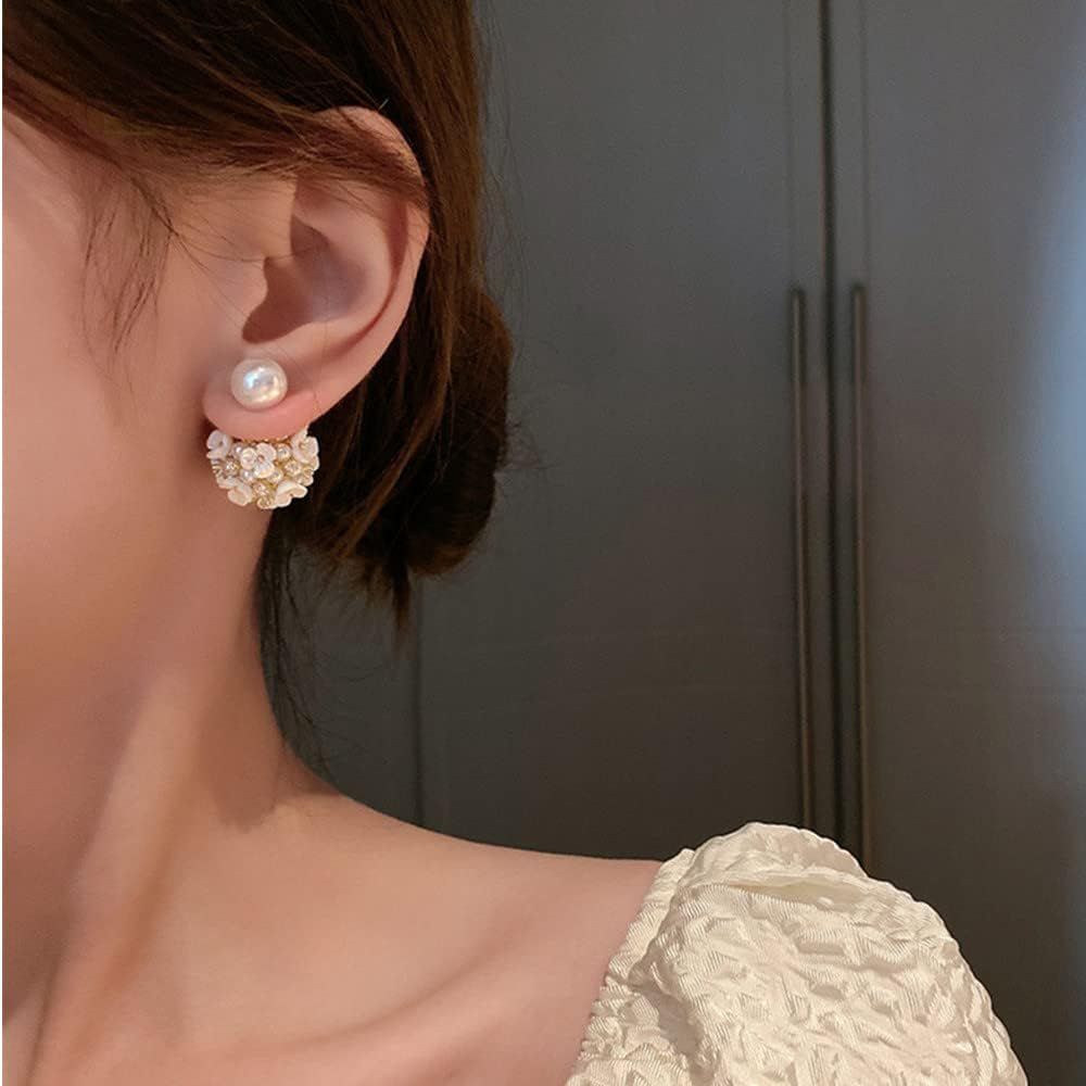 Shell Flower Pearl Earrings Ball Pearl Double Sided Stud Front Back Earrings for Women Girls 14k ... | Amazon (US)