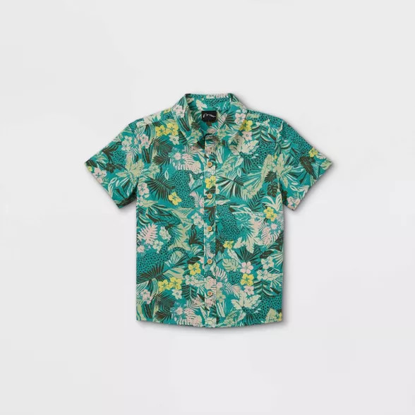 Toddler Boys' Tropical Floral Short Sleeve Button-Down Shirt - art class™ Teal | Target