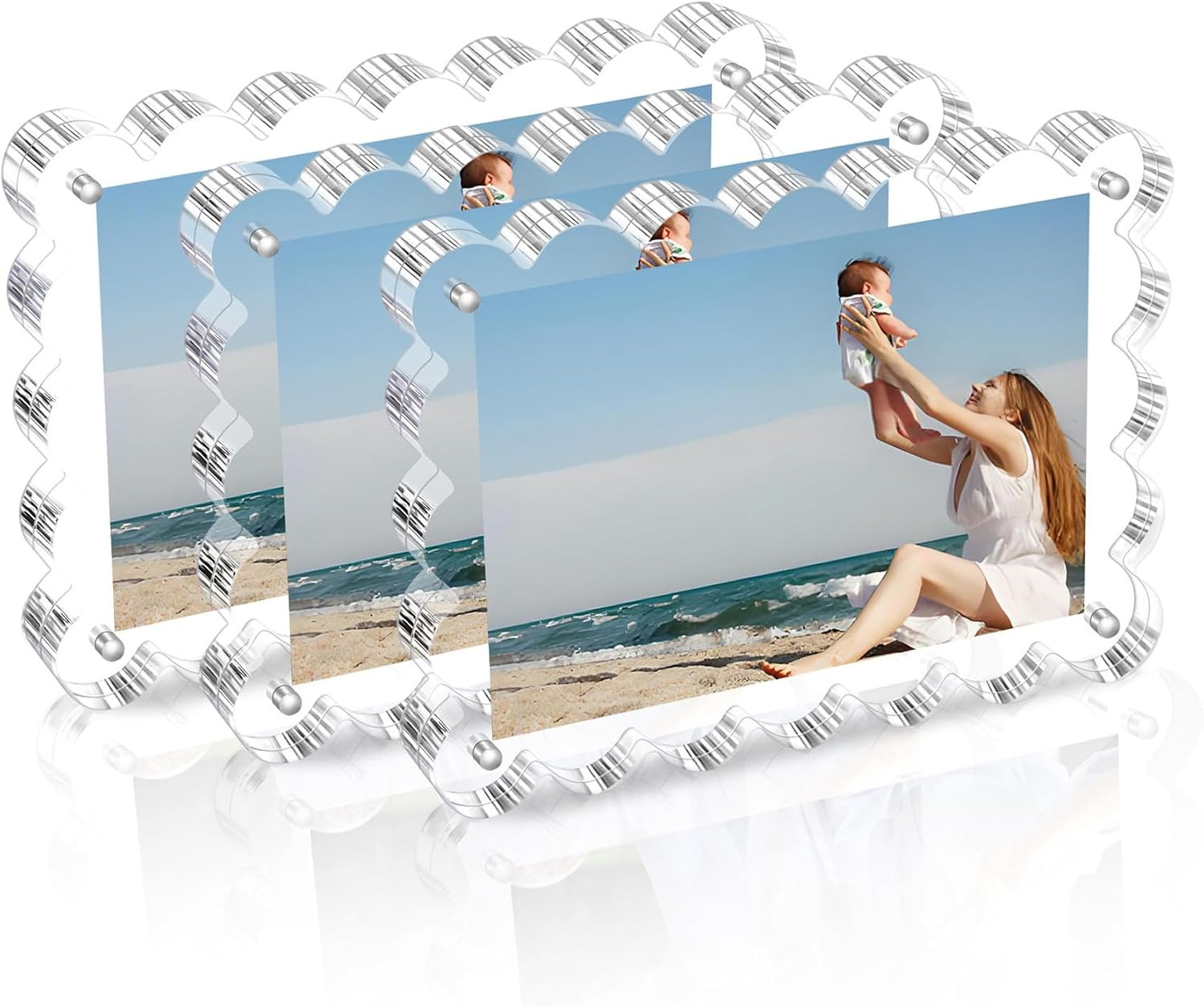 3 Pack Acrylic Picture Frame: 4x6inch Magnetic Picture Frames, Double Sided Magnet Frames,10+10mm Thick Block, Clear Photo Scalloped Frames Freestanding for Desktop Display | Amazon (US)