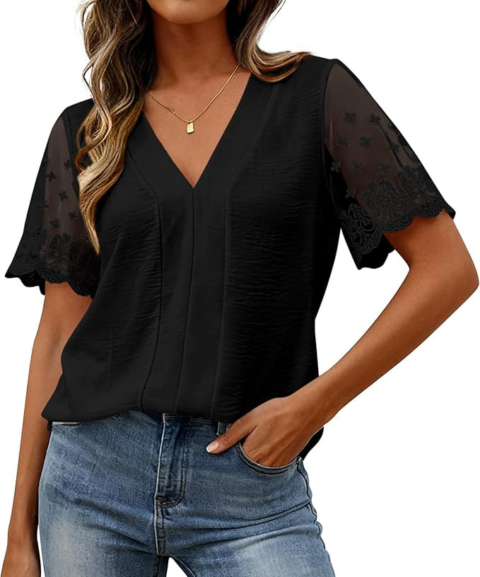 Women Tops Summer 2026 Short Sleeve Shirts Spring Vacation Fashion Dressy Casual Business V Neck ... | Amazon (US)