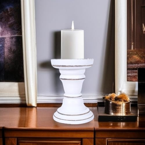 Woodify Wooden Pillar Candle Holder - 6 Inch Tall Decorative Candle Stand - Handcrafted Mango Wood with White Antique Finish - Rustic Home & Table Décor | Amazon (US)