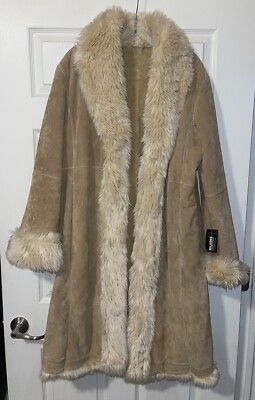 Vintage 90s/Y2K Wilsons Leather Tan Faux Fur Trim Long Penny Lane Coat Size XL | eBay US