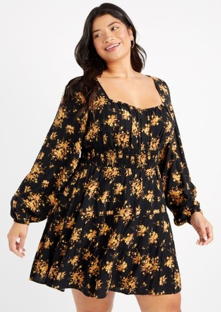 Plus Black Floral Smocked Waist Tiered Babydoll Dress | rue21