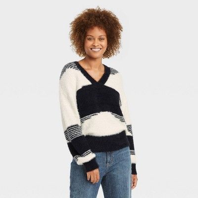 Women&#39;s V-Neck Eyelash Pullover Sweater - Knox Rose&#8482; Black Striped M | Target