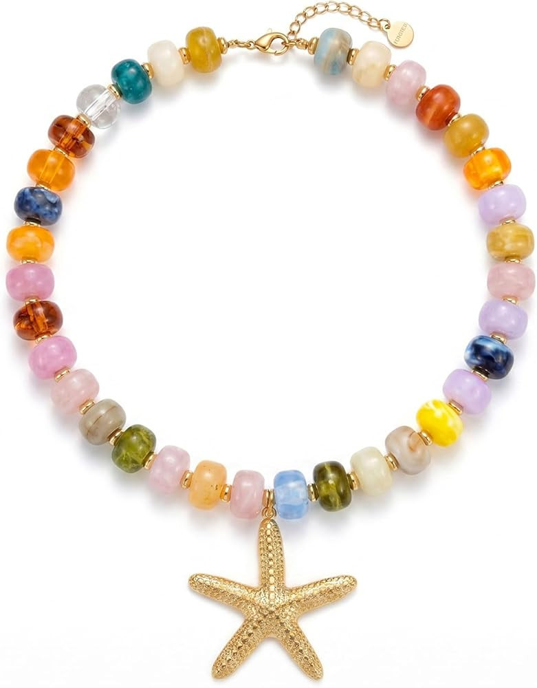 Colorful Chunky Beaded Shell Starfish Necklace for Women Blue Chunky Beaded Choker Necklace Gold ... | Amazon (US)