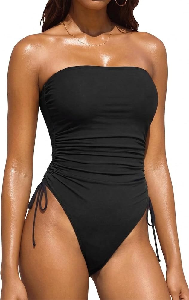 Yonique Women Strapless One Piece Swimsuit Tummy Control Bandeau Bathing Suit Cheeky Swimwear | Amazon (US)