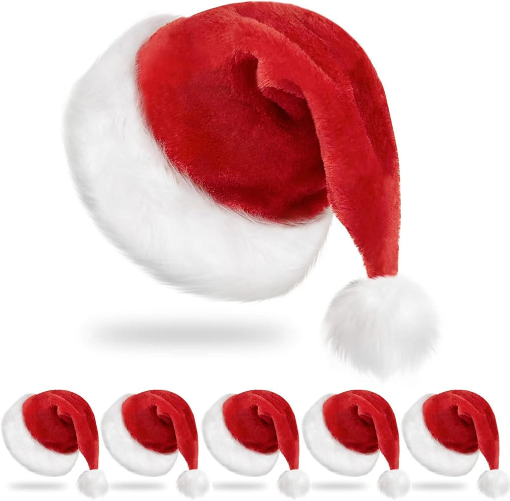 RJVW 6Pcs Santa Hats Christmas Hats: Xmas Holiday Hat for Adults, Unisex Velvet Classic Santa Hat... | Amazon (US)