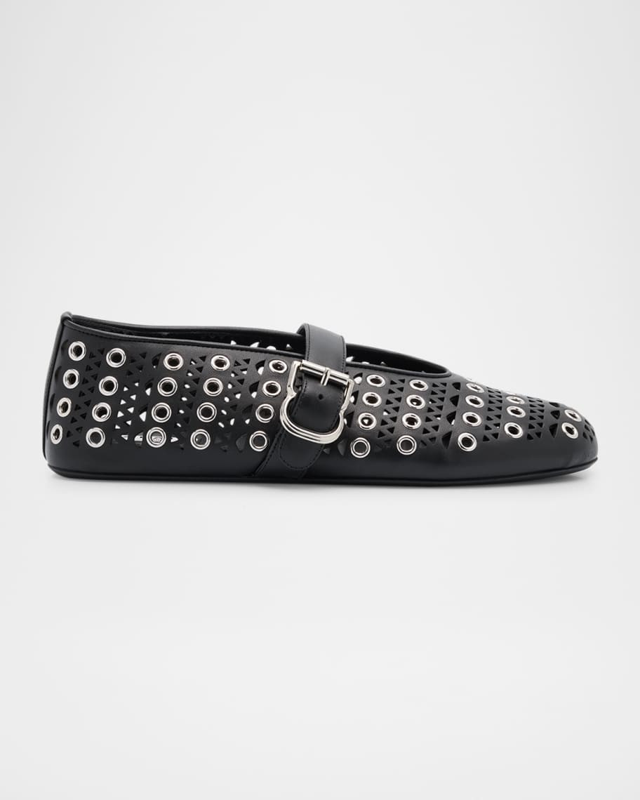 ALAIA Vienne Buckle Eyelet & Laser-Cut Leather Ballet Flats | Neiman Marcus