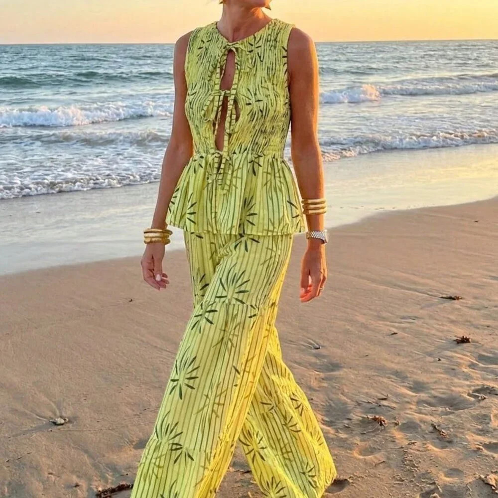 Yellow Bohemian Women's Ruffled Blouse and Flowy Pants Set | Poshmark