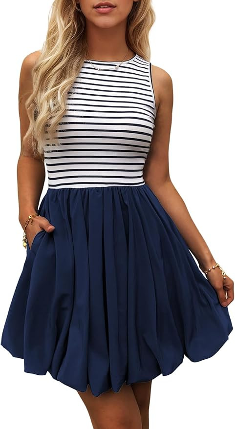 Women's Casual Bubble Mini Dress with Pockets Sleeveless Bubble Hem Striped Tank Short Dresses Su... | Amazon (US)