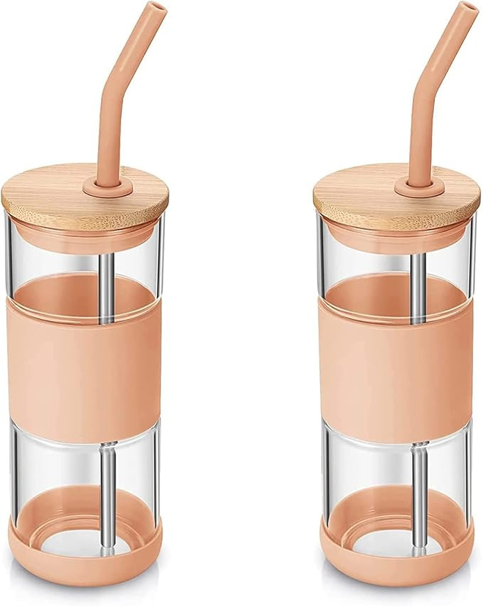 tronco Glass Tumbler with Bamboo Lid and Straw,18OZ Reusable Iced Coffee Cup With Silicone Sleeve... | Amazon (US)