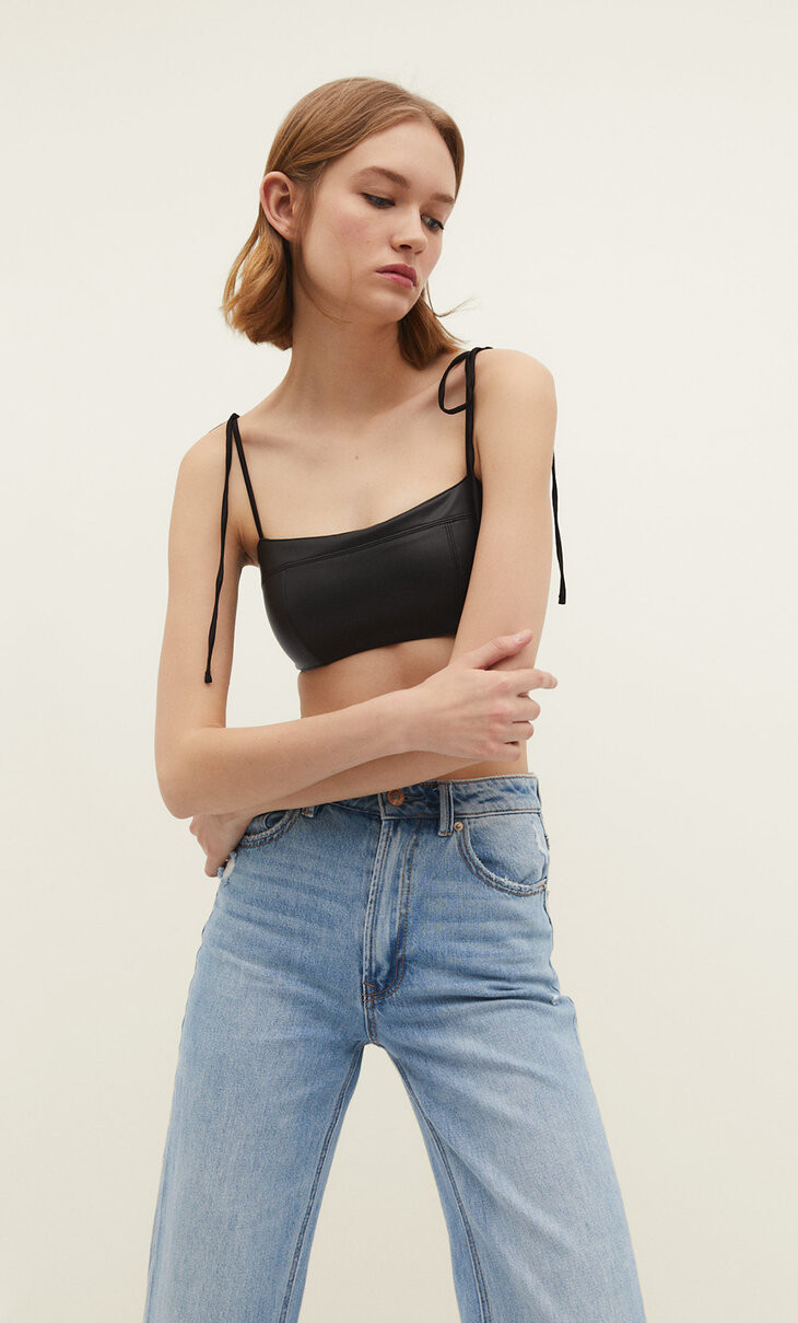 Faux leather bralette with straight neckline - Women's fashion | Stradivarius United Kingdom | Stradivarius (UK)