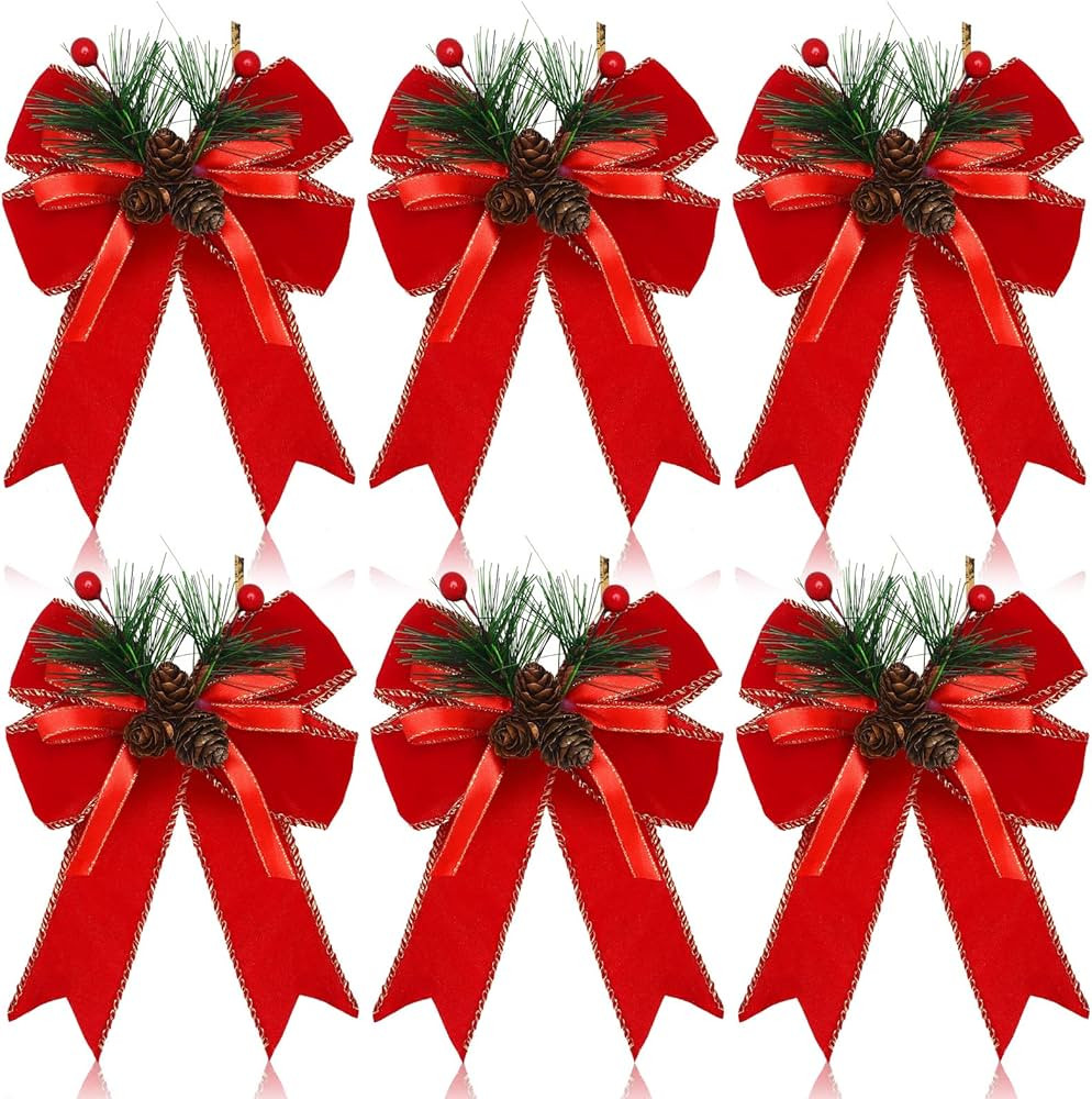 6 Pieces Christmas Buffalo Plaid Bow Checkered Ribbon Bow with Pine Cone Christmas Tree Decoratio... | Amazon (US)