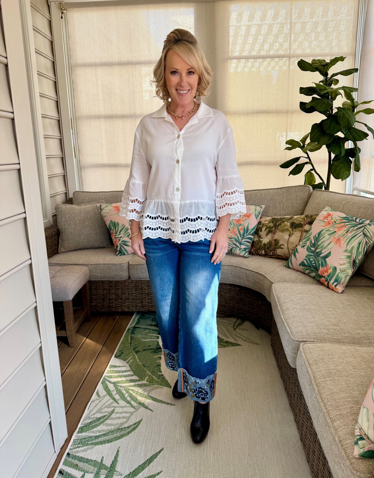 Such a fun way to add a twist to your classic white button-down! This whole look is from Amazon - from my elegant eyelet blouse and my favorite embroidered statement jeans, to the colorful tassel earrings and my go-to black booties. Shop my look! 

#LTKOver40 #LTKootd #LTKPetite