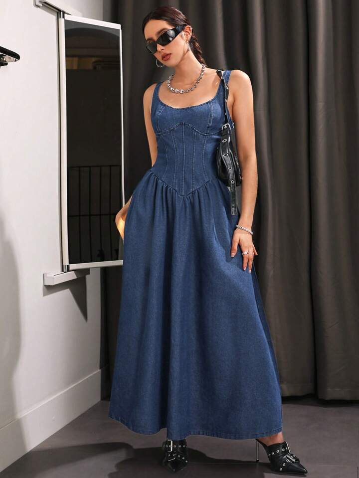 SHEIN ICON Women's Shirred Denim Cami Dress With Waist Tie Detail | SHEIN