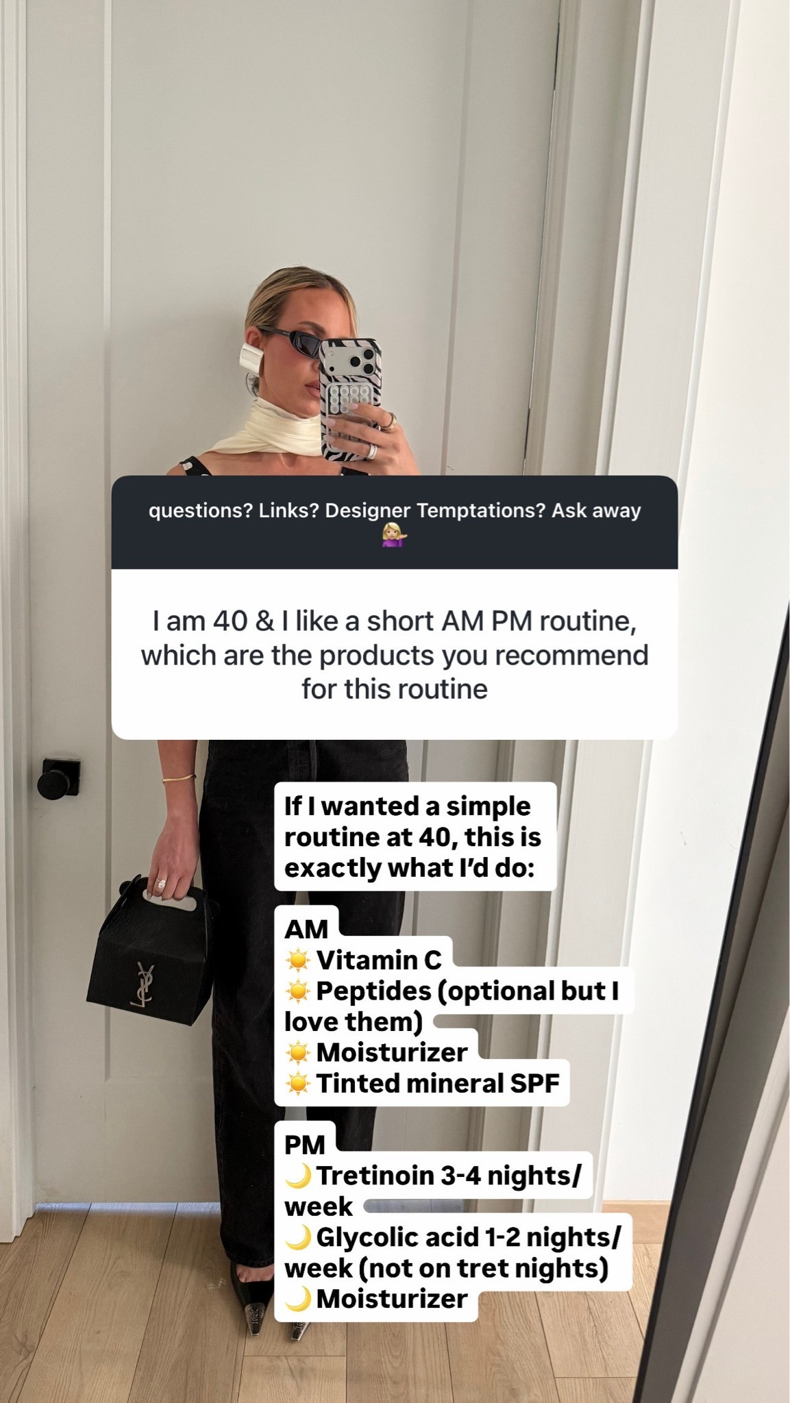 Simple 40+ routine I’d start with:

AM

1. Cleanse or rinse
2. Vitamin C serum
3. Peptides/growth factors
4. Moisturizer
5. Tinted mineral SPF

PM

1. Double cleanse
2. Tretinoin 3–4 nights/week
3. Glycolic acid 1–2 nights/week — not on tret nights
4. Peptides on off nights
5. Moisturizer

#LTKOver40 #LTKstorytime #LTKBeauty