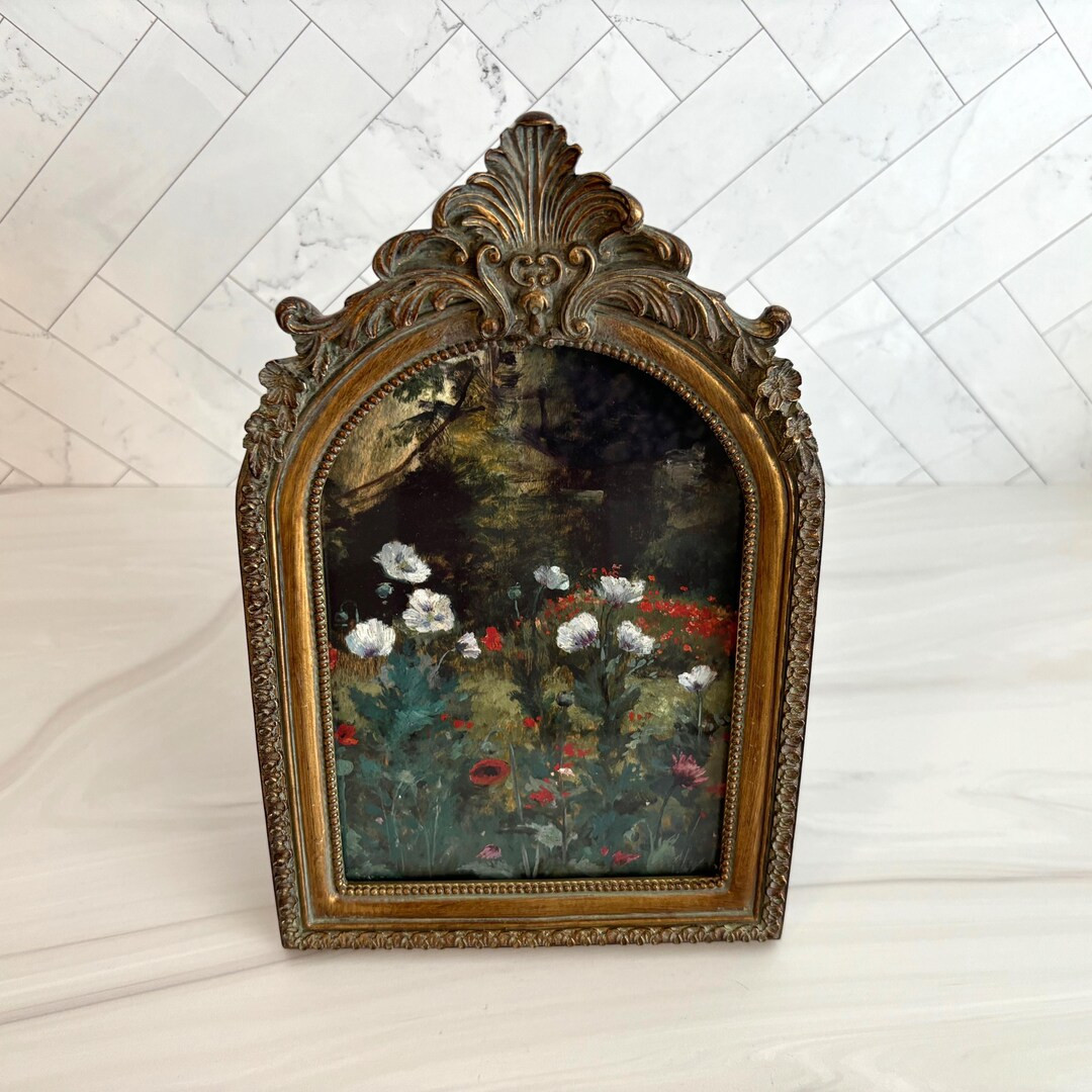 Moody Floral Art Print in Ornate Bronze Gold Arched Frame - Etsy | Etsy (US)