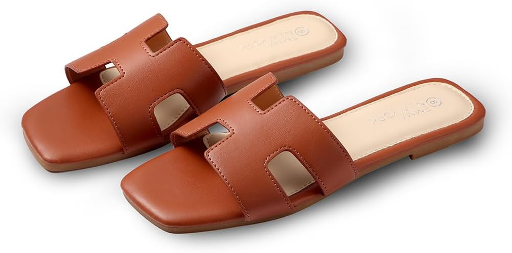Women's Sandals Slip On Leather Slide Sandals Summer Sandals For Women 2024 Dressy Flat Sandals C... | Amazon (US)