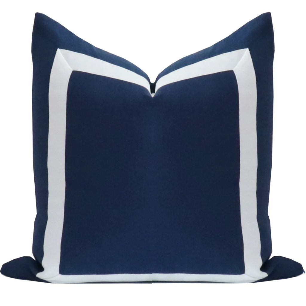 Navy Blue Organic Linen Pillow Cover with White Ribbon Trim | Lo Home by Lauren Haskell Designs
