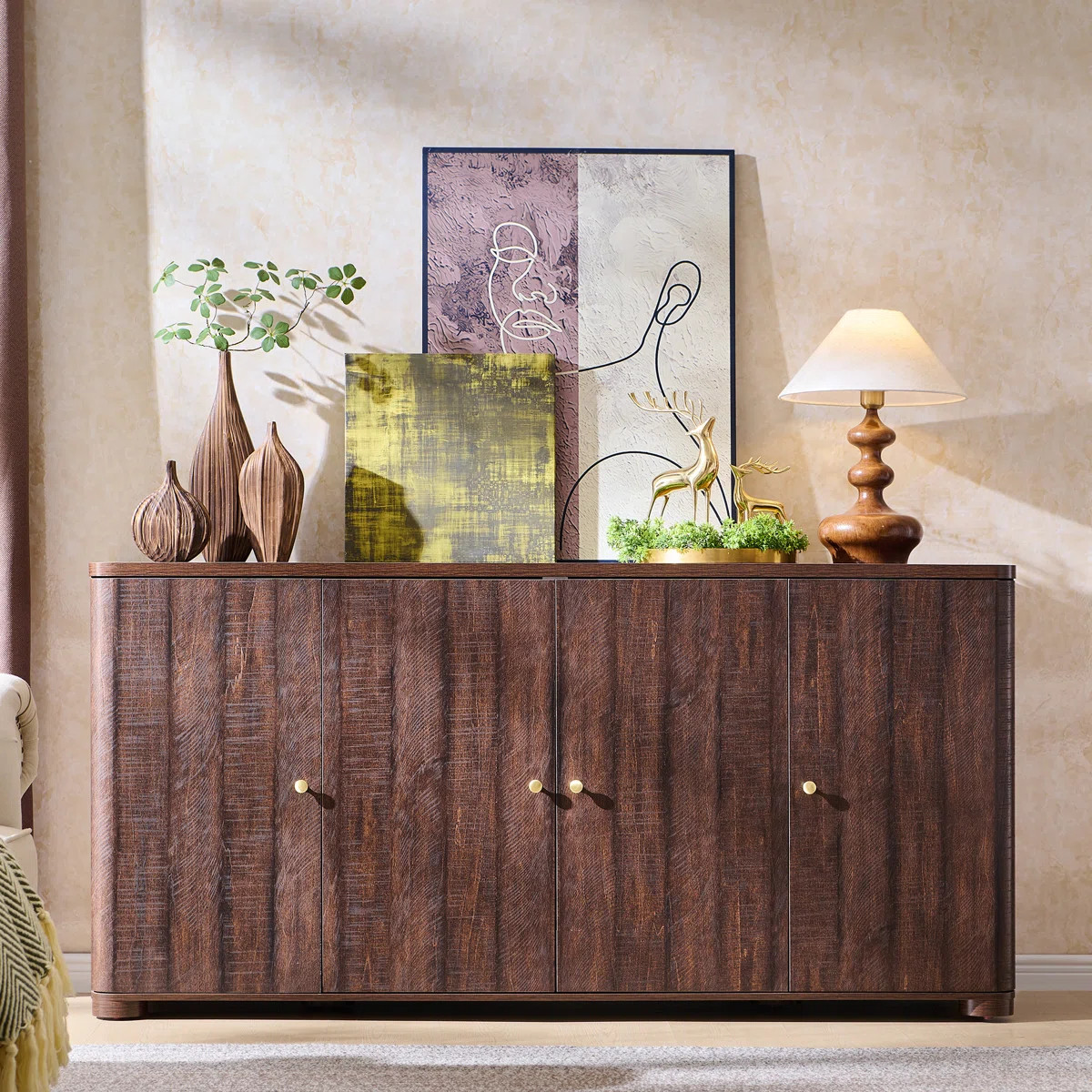 Curved Buffet Cabinet,  Large Sideboard Buffet Storage Cabinet with 4 Doors and Shelves, Modern C... | Wayfair North America