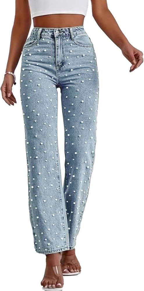 ECDAHICC Womens High Waisted Straight Leg Pearl Jeans Casual Boyfriend Bootcut Sparkly Denim Pant... | Amazon (US)