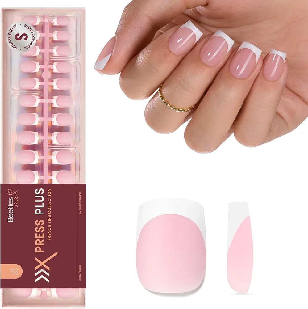 Beetles French Tip Press On Nails: 150 Pcs Pink Short Square Press On Nails 4 in 1 Nail Tips, Pre... | Amazon (US)