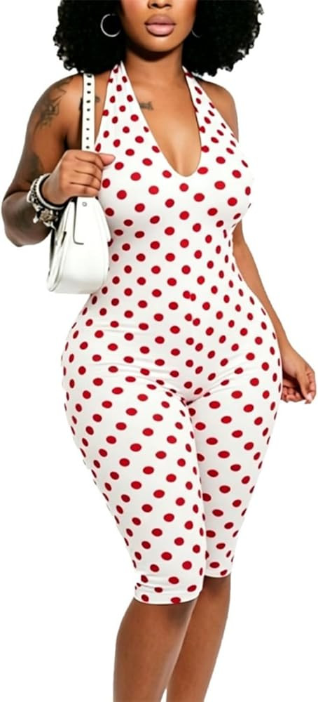 Yeshrie Womens Polka Dot Halter Jumpsuit V Neck Bodycon One Piece Rompers Retro Slim Fit Short Ju... | Amazon (US)