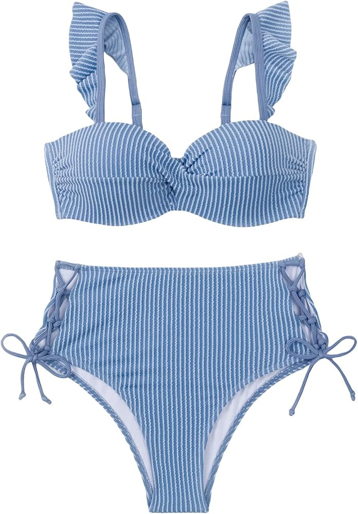 WDIRARA Women's Striped Ruffle Trim Lace Up Side Bikini Swimsuit Two Piece Twist Front Bathing Su... | Amazon (US)