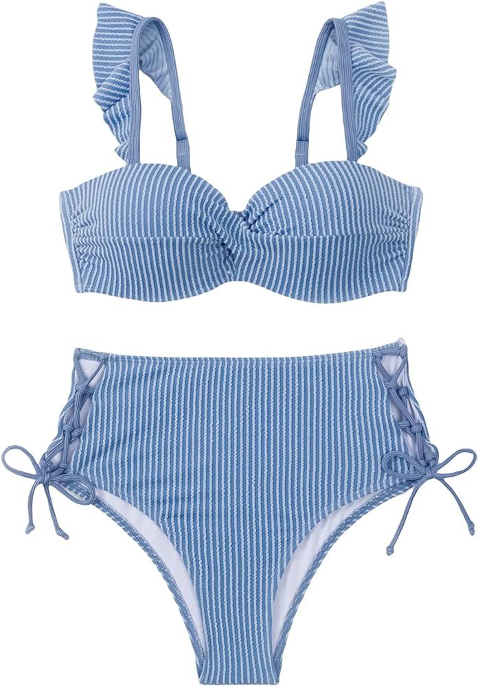 WDIRARA Women's Striped Ruffle Trim Lace Up Side Bikini Swimsuit Two Piece Twist Front Bathing Su... | Amazon (US)