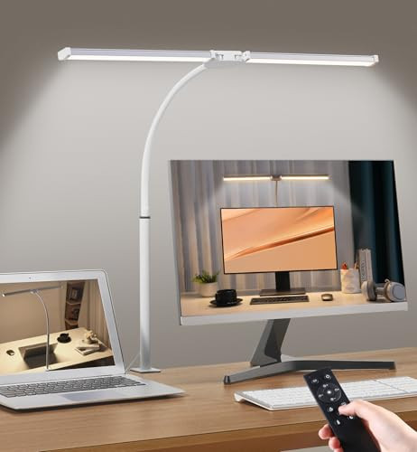 Led Desk Lamp for Home Office, Eye-Care Architect Light with Clamp, Smart Double Head Computer Monitor Table Clip Lamp, Adjustable Flexible Gooseneck, 25 Lighting Models, Task Lamp, White and Sliver | Amazon (US)