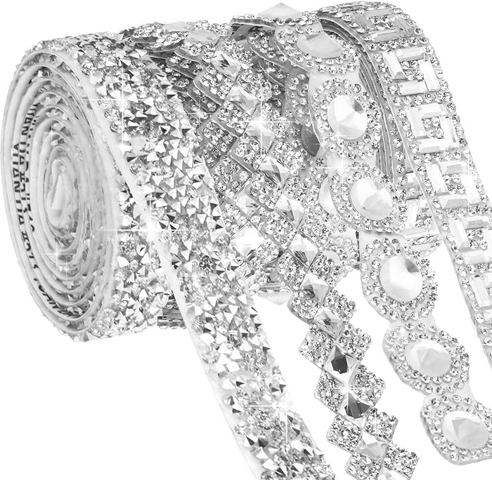 Juexica 4 Yards Self Adhesive Rhinestone Ribbons 4 Styles Rhinestone Diamond Roll Bling Ribbon Gl... | Amazon (US)