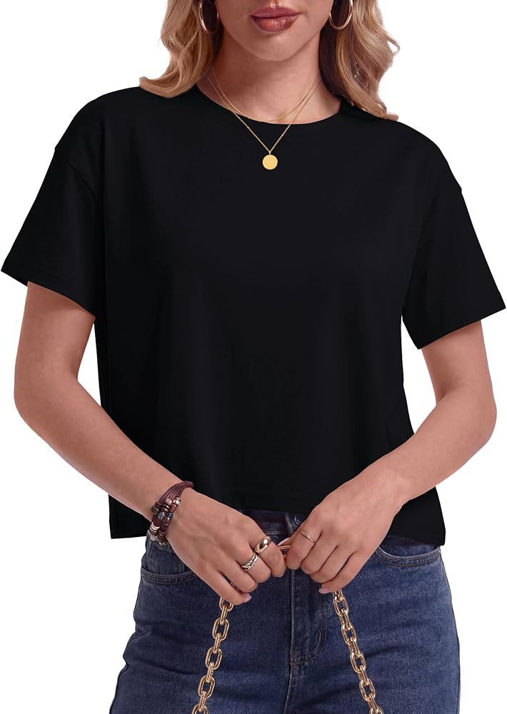 Pure Cotton Crop Tops for Women Short Sleeve Boxy Loose Fit Cropped T Shirts Crew Neck Drop Shoul... | Amazon (US)