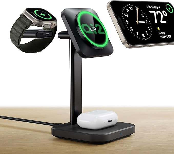 ESR Qi2 3 in 1 Wireless Charging Station, [Certified] Apple Watch Charger & 15W Qi2 MagSafe Charg... | Amazon (US)