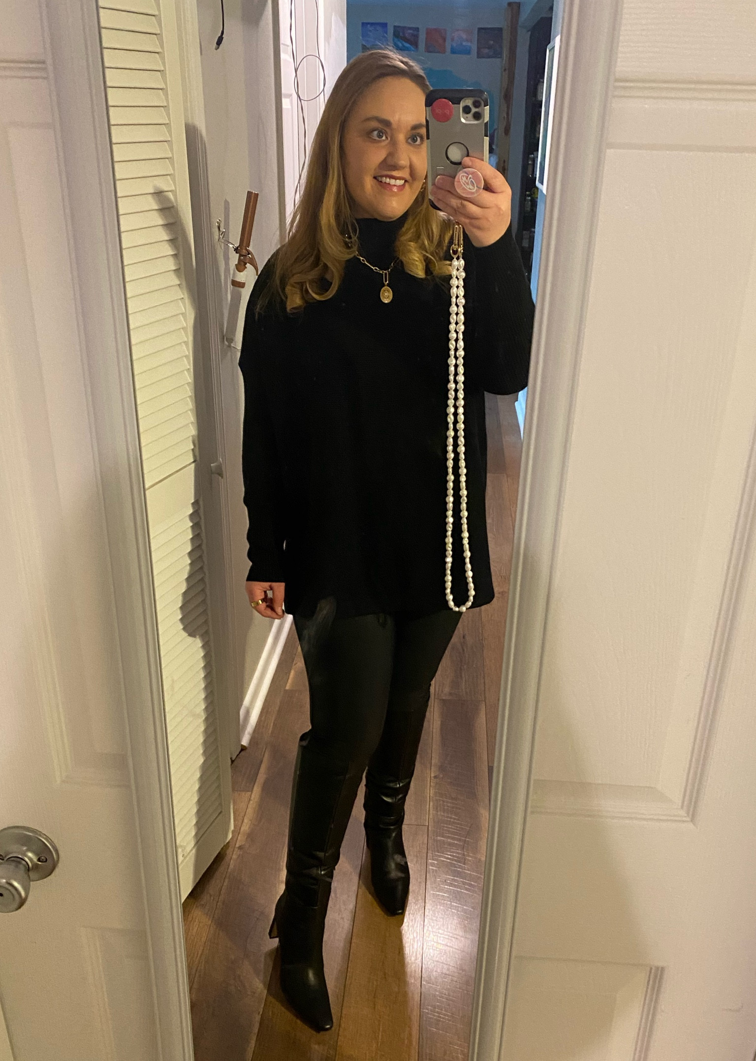 All black outfit, tall black boots, leather boots, knee boots, Spanx leggings, black leggings, black sweater, tunic sweater, faux leather leggings, black boots, winter style, winter outfitt

#LTKFindsUnder100 #LTKMidsize #LTKShoeCrush