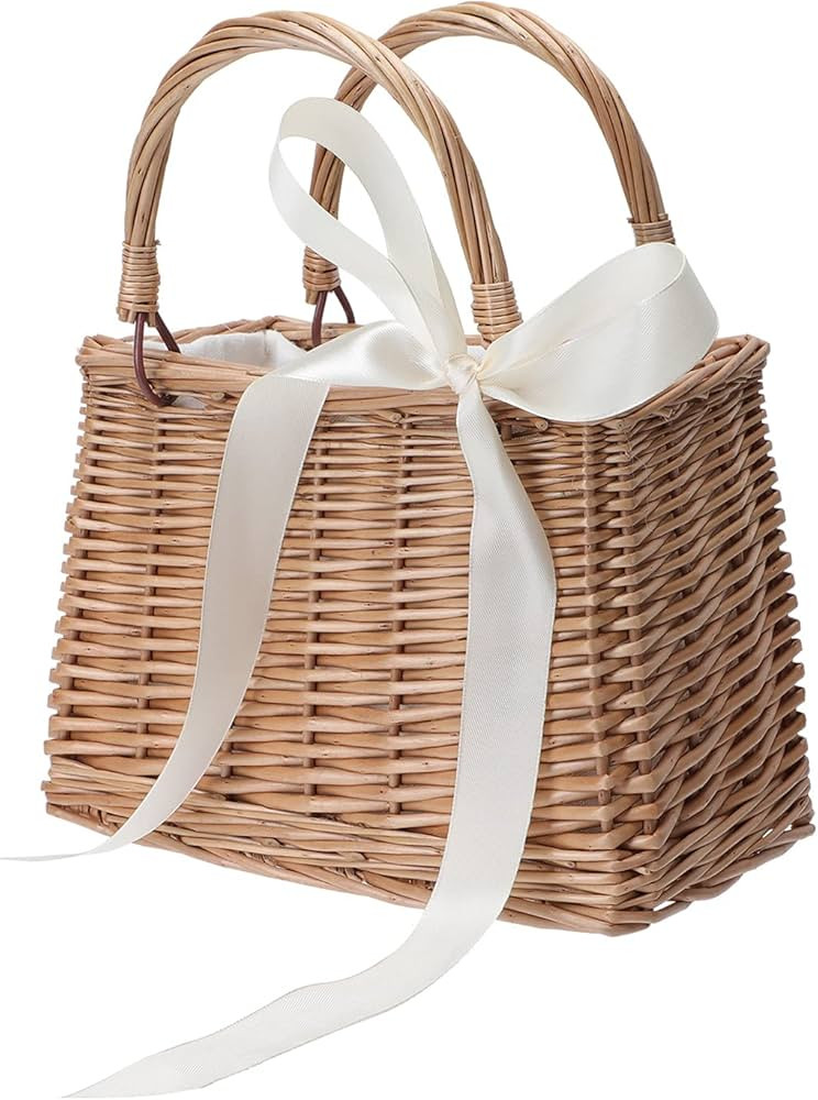 Flower Girl Basket Boho Style Rattan Baskets with White Ribbon for Weddings, Classic Wicker Handb... | Amazon (US)