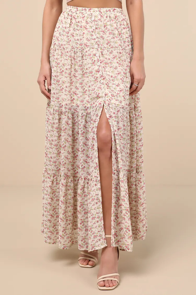 Subtle Sweetness Cream Floral Print Tiered Maxi Skirt | Lulus