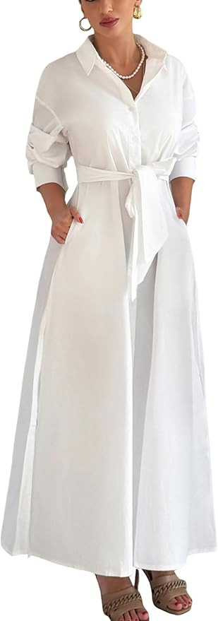 Choichic Shirt Dresses for Women Oversized Side High Slit Long Sleeve Button Down Maxi Dresses Co... | Amazon (US)