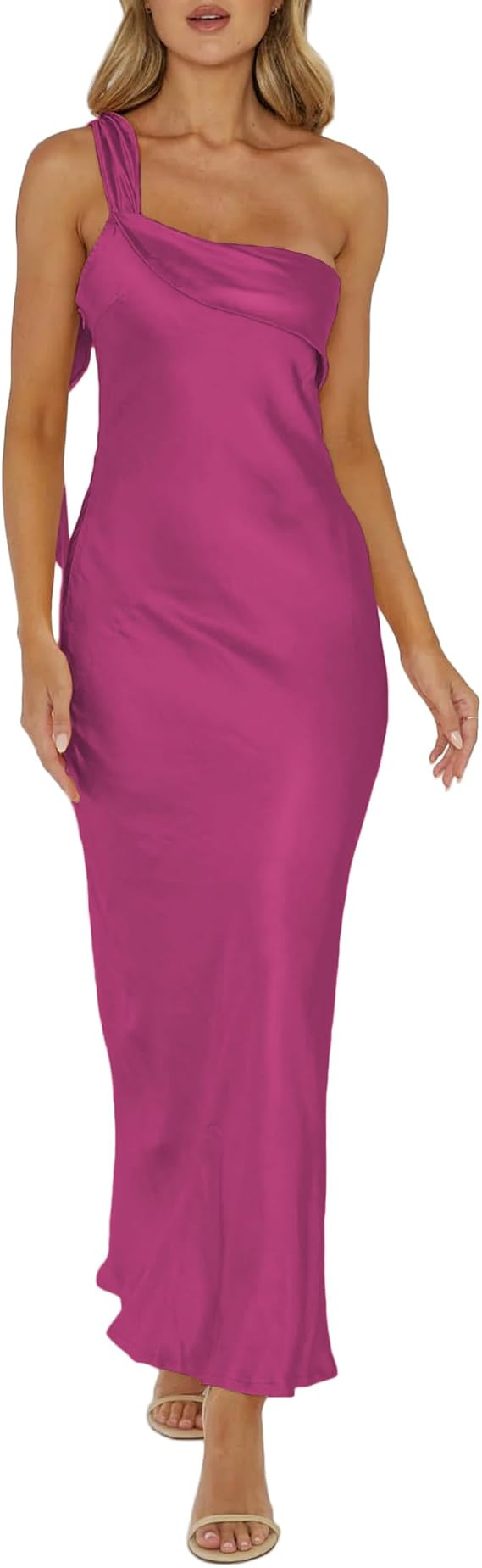 2026 Satin One Shoulder Maxi Dress for Women Summer Silk Formal Elegant Backless Ruffle Sleeveles... | Amazon (US)