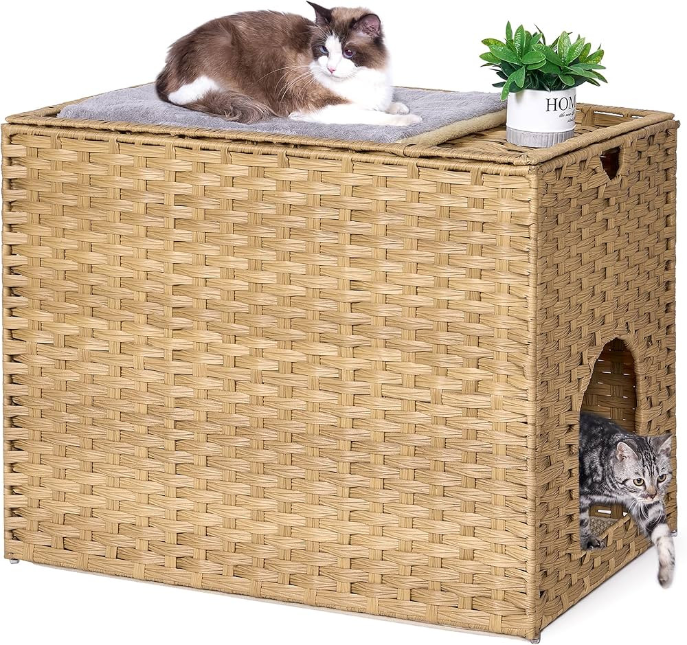 Cat Litter Box Enclosure with Litter Trapping Mat; Handwoven Plastic Rattan Cat House; No Install... | Amazon (US)
