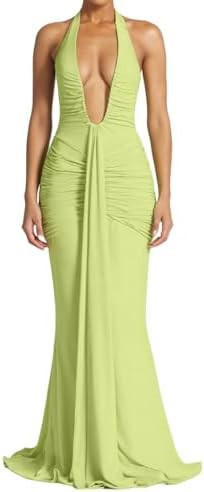 SHINFY Women Summer Halter Maxi Dress Ruched Bodycon V Neck Formal Cocktail Party Evening Dress | Amazon (US)