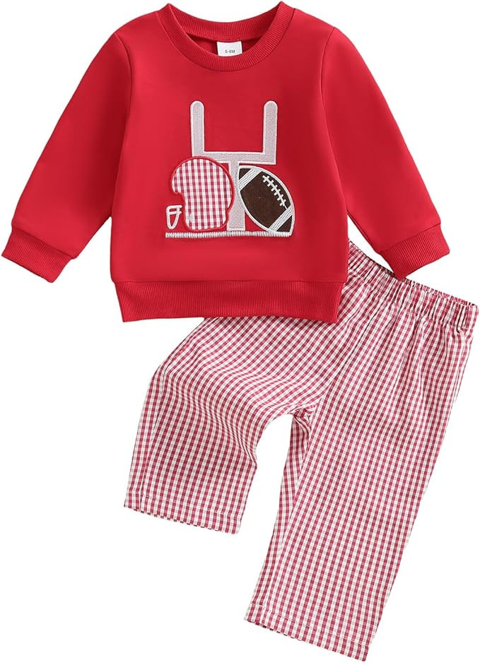 Toddler Baby Boy Rugby Outfit Long Sleeve Smocked Sweatshirt Tops Gingham Plaid Pants Two Piece F... | Amazon (US)
