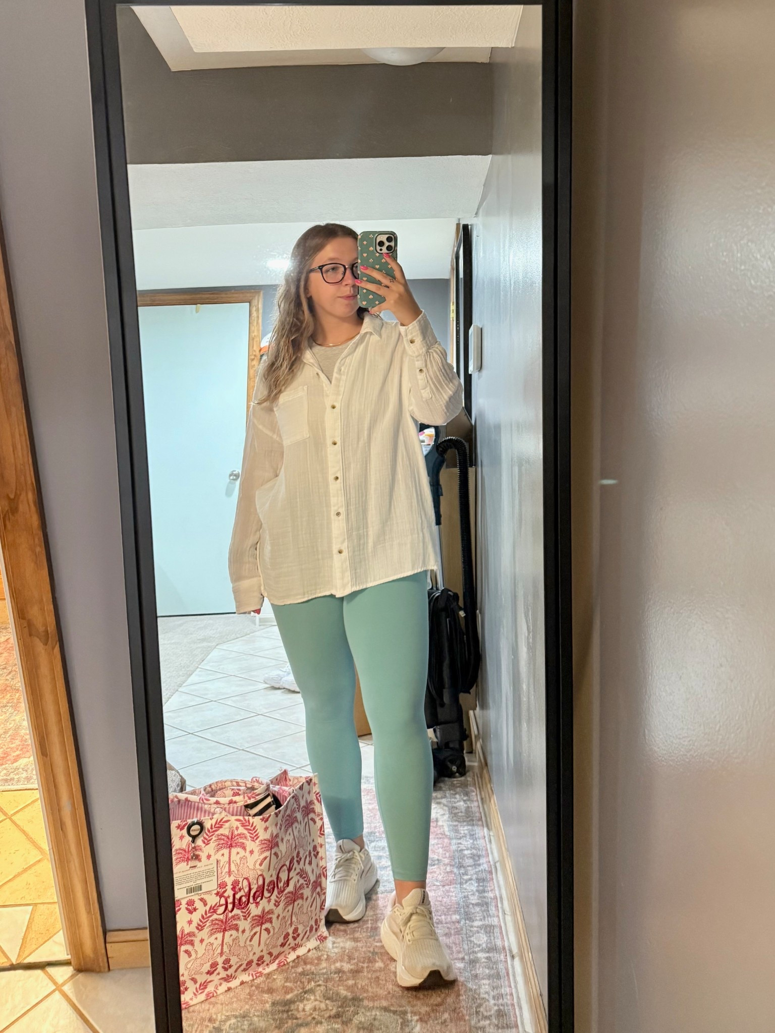 Comfy outfit for work and for this weather! Bag is from TJ Max and I embroidered my name on it :) I can’t find my exact shoes, but I have the Glycerin 21’s in color Gardenia/Lavender/Cream  

#LTKStyleTip #LTKSaleAlert #LTKSeasonal