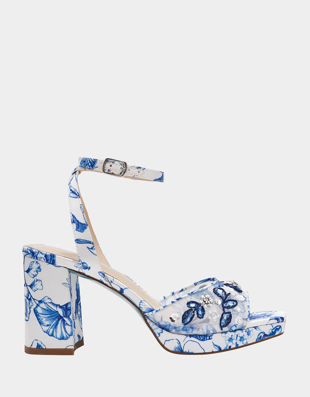 BRODY WHITE/BLUE FLORAL Women's Platform Block Floral Heel with Beaded Embellishments | Betsey Johnson