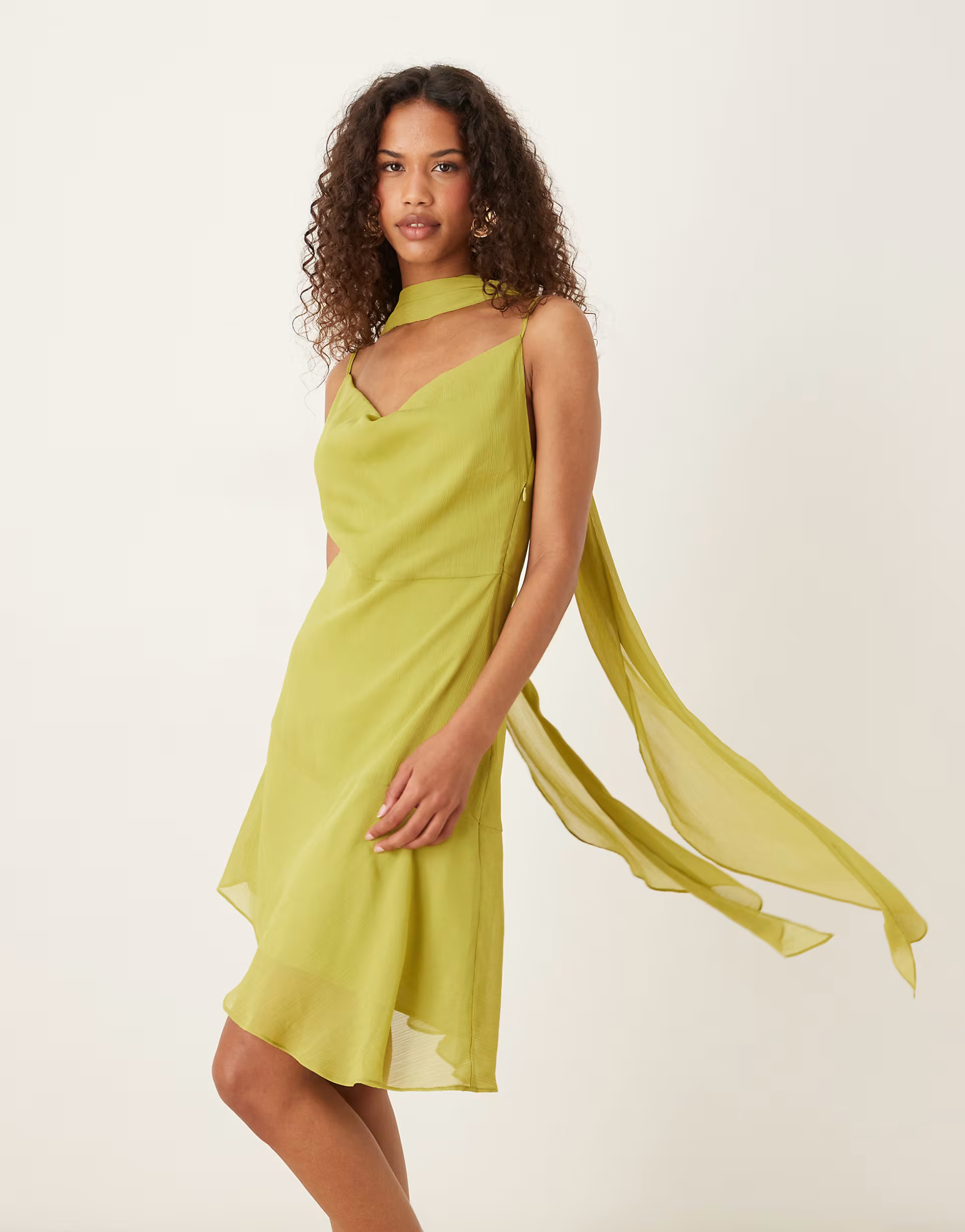 Six Stories scarf neck asymmetric ruffle mini dress in olive | ASOS | ASOS (Global)