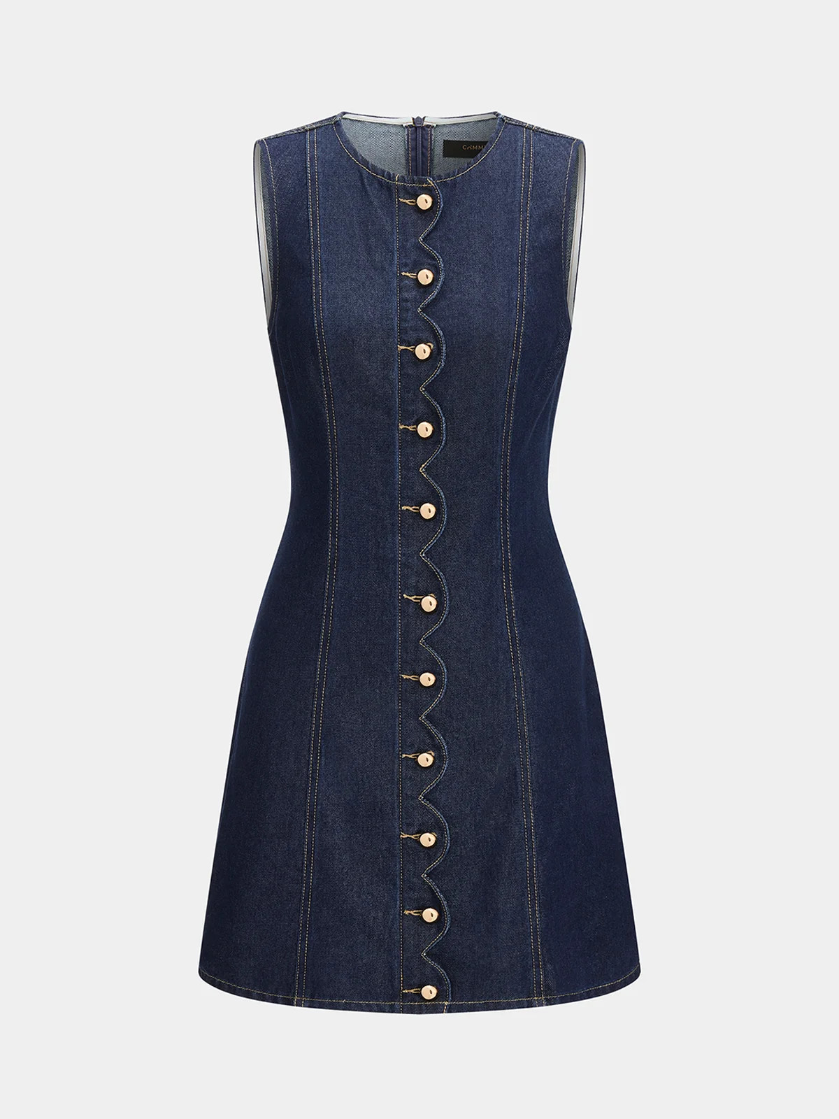 Scallop Button Front Sleeveless Denim Mini Dress | Commense